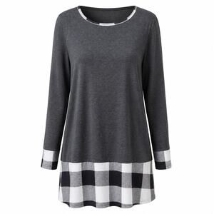 Women Gray with Black/White Checkered Long Sleeve Scoop Neck Soft Shirt Size 1XL